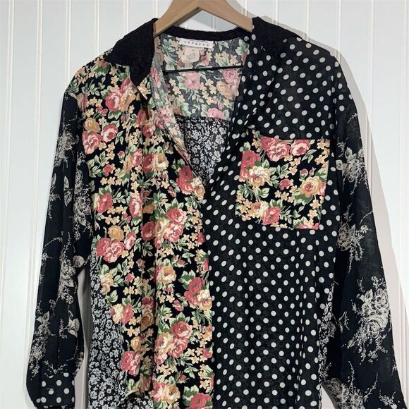 VTG Express 90s Patchwork Blouse Sheer Floral Polka Dot Grunge Indie Sleaze S - Picture 2 of 10